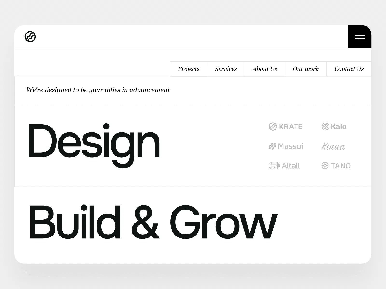 Marketing site landing page with a bold typographic headline