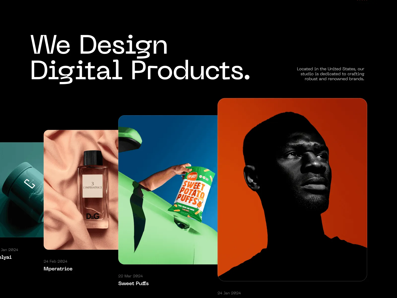 Product design studio site with a dark, image-led layout