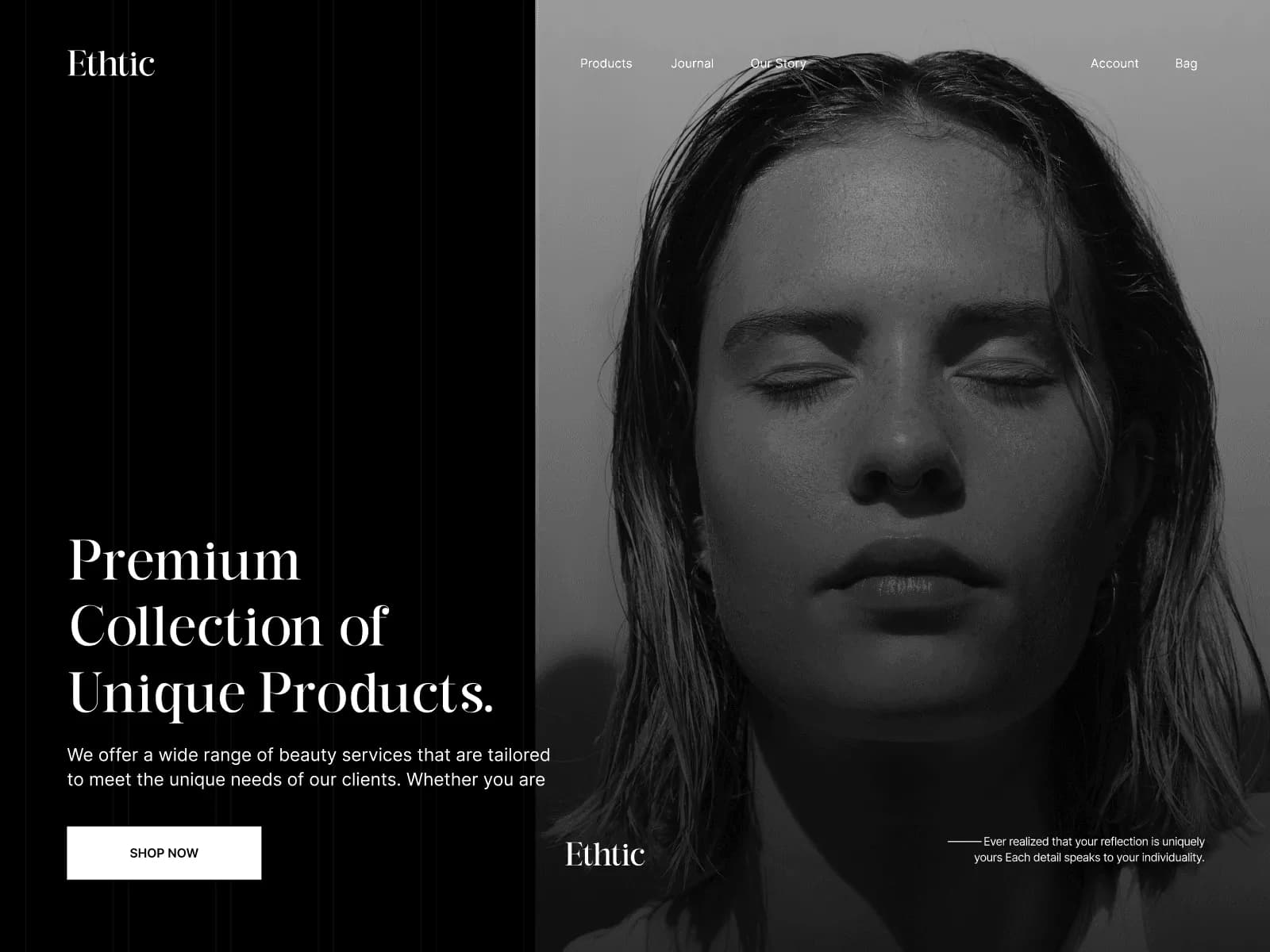 Premium ecommerce brand page in a muted monochrome palette